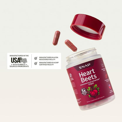 Snap Supplements Heart Beets, USDA Organic Beet Root, 3-in-1 Cardiovascular Superfood, Support Healthy Blood Pressure and Heart Health, 250g (Capsules)