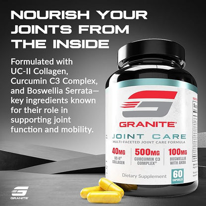 Granite Joint Care: Premium UC-II Collagen, Turmeric Curcumin C3, AKBA Boswellia + More - All-in-One Support for Joint Mobility, Comfort & Strength (60ct)