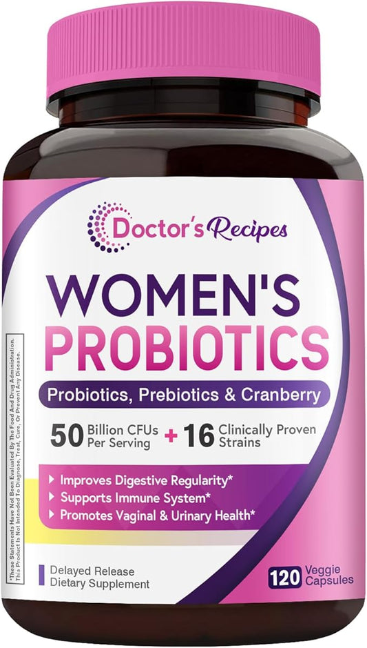 Doctor's Recipes Women’s Probiotic, 120 Caps 50 Billion CFU 16 Strains, with Organic Cranberry, Digestive Immune Vaginal & Urinary Health, Shelf Stable, Delayed Release, No Soy Gluten Dairy