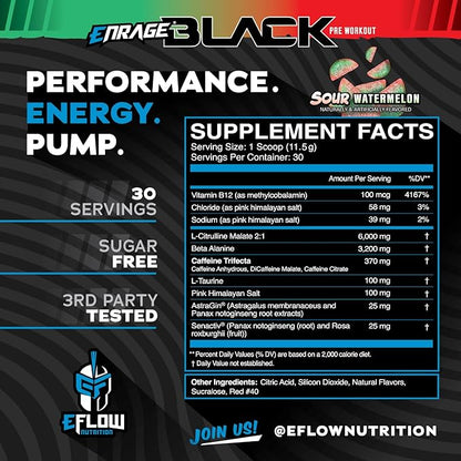 eFlow Nutrition Enrage Black High Stimulant Pre Workout Supplement - Preworkout Powder to Boost Energy, Pumps and Strength - 4 Flavors (30 Servings) (Sour Watermelon)