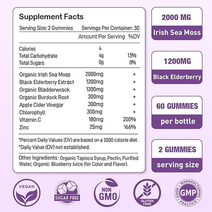 2 Pack Irish Sea Moss Gummies with Elderberry, Bladderwrack, Burdock, Chlorophyll - Digestion, Skin, Hair and Enhance Immunity - Adults Kids Women Men, 120 Blueberry Flavored Gummies