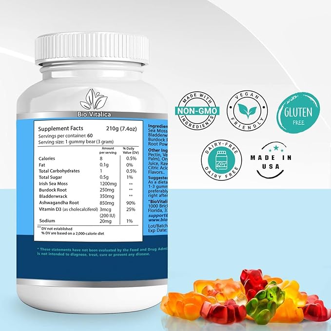 BIO VITALICA Sea Moss Ashwagandha Gummies - Organic Irish Seamoss & Ashwa Root Powder Supplements for Supporting Energy & Immunity for Men and Women - 4 Packs