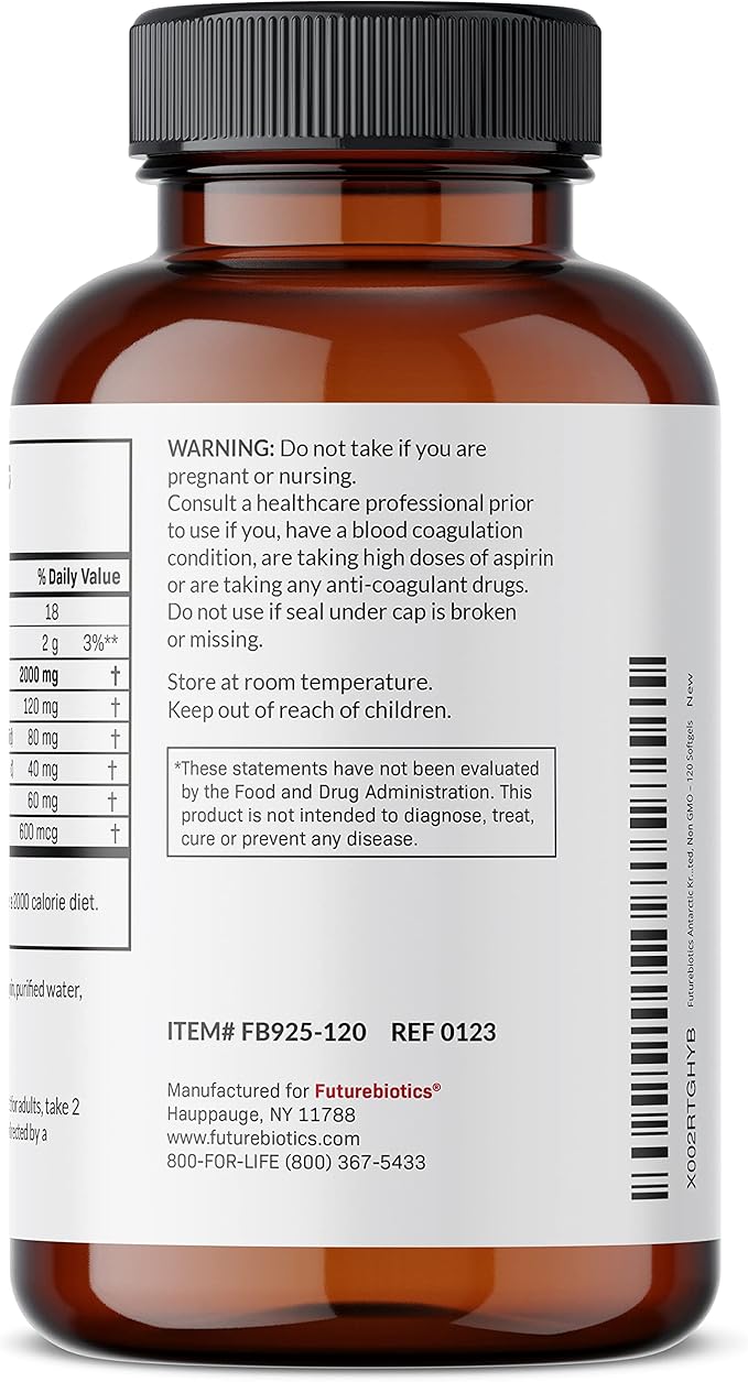 Futurebiotics Antarctic Krill Oil 2000mg with Astaxanthin, Omega-3s EPA, DHA and Phospholipids - 100% Pure Premium Krill Oil Heavy Metal Tested, Non GMO – 120 Softgels