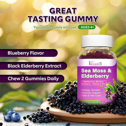 Elderberry Gummies with Sea Moss, Bladderwrack, Burdock, Echinacea, Apple Cider Vinegar, Chlorophyll, Vitamin C, D & Zinc Supplement for Women, Men, Adults and Kids, Blueberry Flavor 60Ct