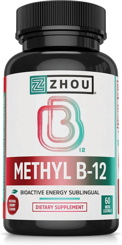 Zhou Methyl B12 - Methyl B-12 Supplement for Women & Men, Vitamin B12 5000 mcg, Vegan Friendly, Cellular Energy and Nerve Function Support, Methylcobalamin - 60 Micro Lozenges