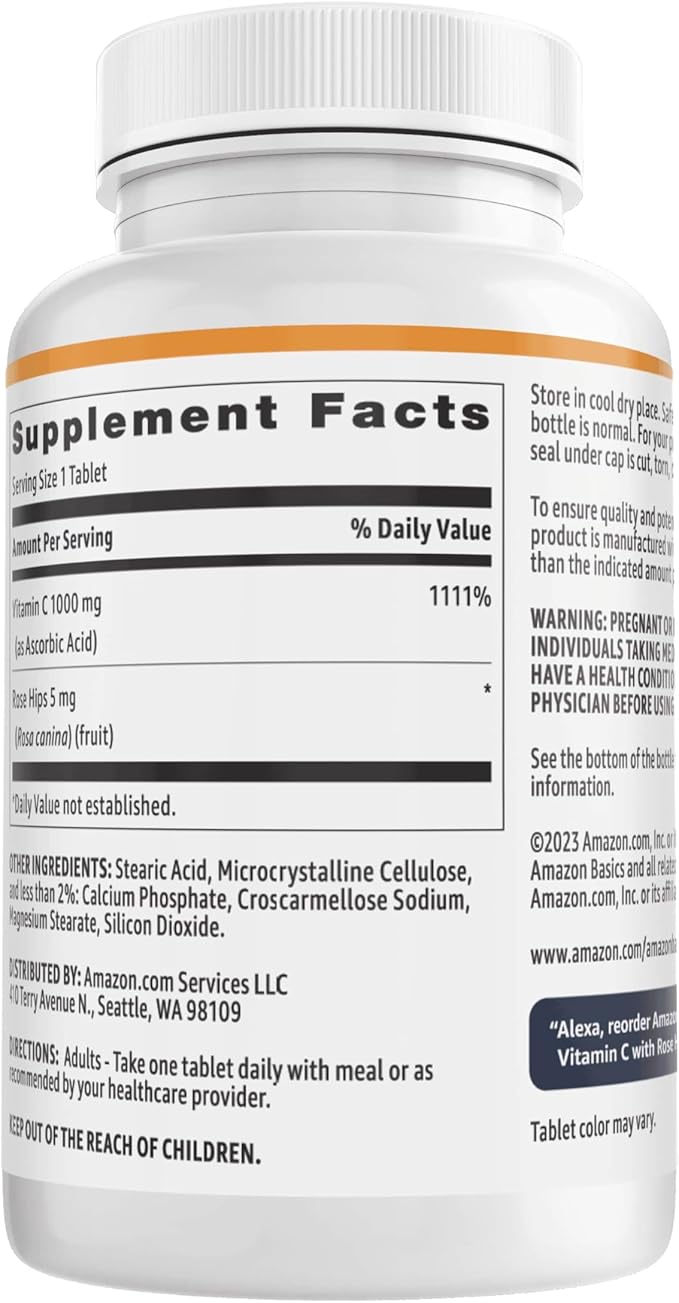 Amazon Basics Vitamin C 1000 mg with Rose HIPS 5mg, 90 Tablets (1 per Serving), Gluten Free (Pack of 2)