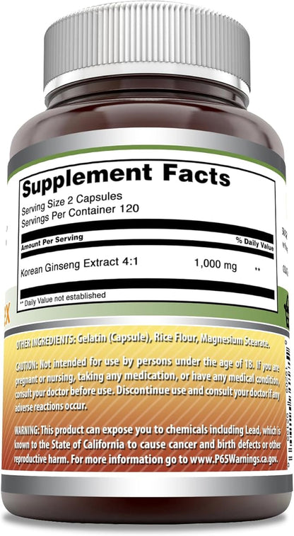 Amazing Formulas Ginseng Complex - 1000 Mg Per Serving, Capsules (Non-GMO,Gluten Free) Supports Healthy Immune System - Supports Energy Production - Boosts Mental Alertness. (240 Count)