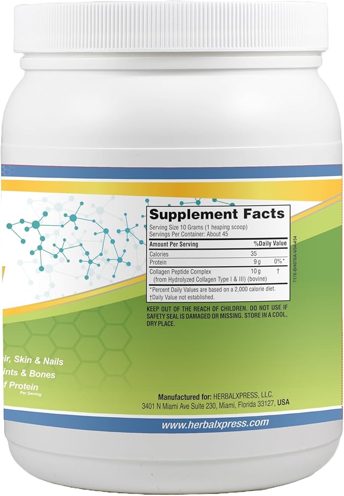 Herbalxpress Hydrolyzed Collagen Peptides Powder 454 Grams (16 oz) (1 Pound) - Providing 9 Grams of Protein per Serving - Type I & III (Bovine).