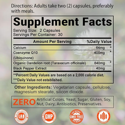 CoQ10 400mg 3 Times Absorption Coenzyme Q10 Powerful-Antioxidant Supplement with Organic Dandelion Root & Black Pepper, Support Heart Health & Energy Production, 60 Veggie Capsules