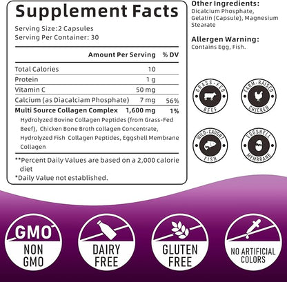 Multi Collagen Peptides Capsules – 4 Natural Sources – Types I, II, III, V & X – 60 Capsules