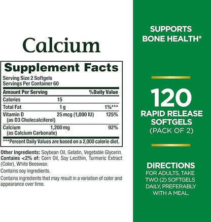 Nature's Bounty Nature's Bounty Calcium 1200 mg with Vitamin D3 - Bone Health Softgels, Calcium and Vitamin D Supplement, 120 Ct (2-Pack)