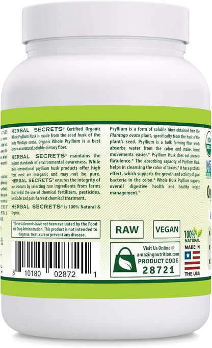 Herbal Secrets Whole Psyllium Husk Powder Supplement | 5 Grams per Serving | Non-GMO | Gluten-Free | Made in USA (16 Oz, Unflavored)