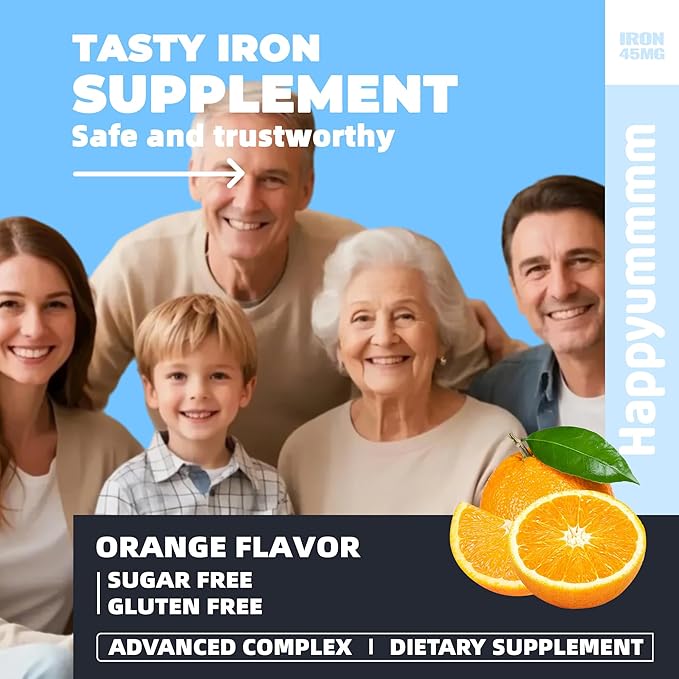 Iron Soft Chews Supplement with Vitamin C | Orange Flavored | Gluten Free | Iron Supplement for Women Men and Kids | 60 Count | 2 Month Supply