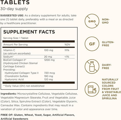 Solgar Collagen Hyaluronic Acid Complex, 30 Tablets - Hydrolyzed Collagen Type 2 - Helps with Fine Lines & Wrinkles - Boosts Skin Collagen & Elasticity - Non-GMO, Gluten & Dairy Free - 30 Servings
