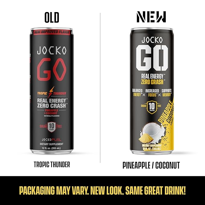 Jocko GO Energy Drink - KETO, Vitamin B12, Vitamin B6, Electrolytes, L Theanine, Magnesium- Energy Boost, Sugar Free Nootropic Monk Fruit Blend - 12 Pack (Pineapple Coconut)