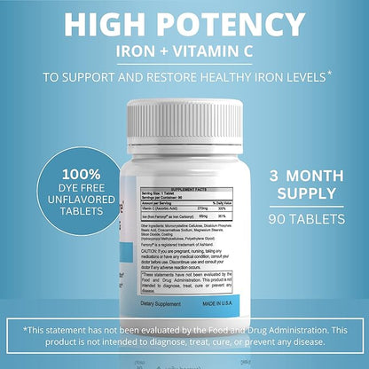 Carbonyl Iron Tablet 65 mg with 270 mg Vitamin C |90 Days Supply | for Women/Men | High Potency Bariatric Vitamins for WLS Patients Including Gastric Bypass | Dye Free (Pack of 1)