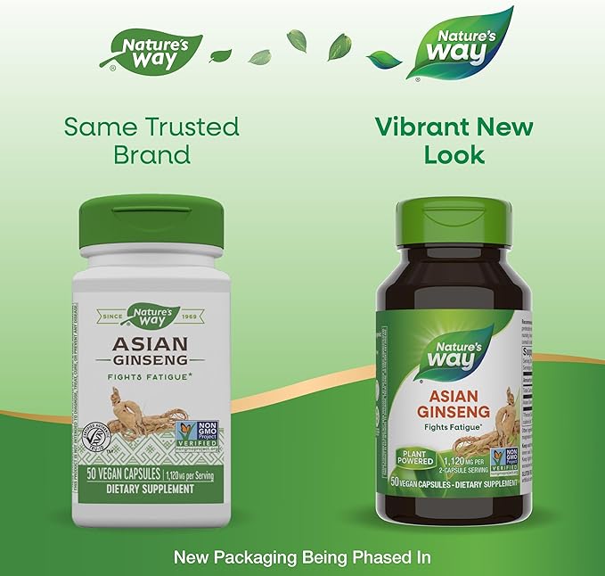 Nature's Way Asian Ginseng, Fights Fatigue*, 1,120mg Per 2-capsule Serving, Non-GMO Project Verified, Vegan, 50 Capsules (Packaging May Vary)