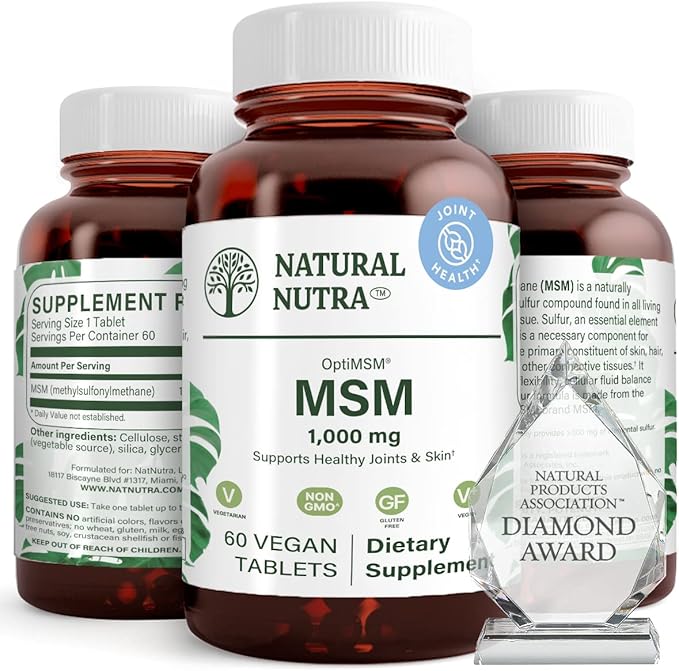 Natural Nutra OptiMSM, MSM Supplement with Sulfur, Cartilage Health, Prevent Thinning Hair, Increase Joint Flexibility and Bone Health, Support Fluid Balance, Weight Loss, 1000 mg, 60 Vegan Tablets