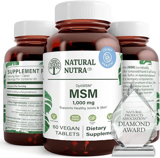 Natural Nutra OptiMSM, MSM Supplement with Sulfur, Cartilage Health, Prevent Thinning Hair, Increase Joint Flexibility and Bone Health, Support Fluid Balance, Weight Loss, 1000 mg, 60 Vegan Tablets
