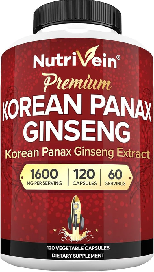 Nutrivein Premium Korean Red Panax Ginseng Supplement 1600 mg - 120 caps - Powerful Korean Red Ginseng for Vitality, Clarity, Performance, & Defenses