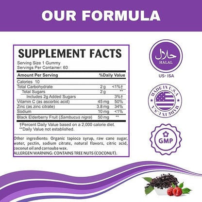 Greenfield Nutritions Halal Immune Support Elderberry Gummies for Kids - Supports Your Immune System Naturally with Halal Zinc and Vitamin C Gummy Halal Vitamins - 60 Delicious Kids Gummy Vitamins