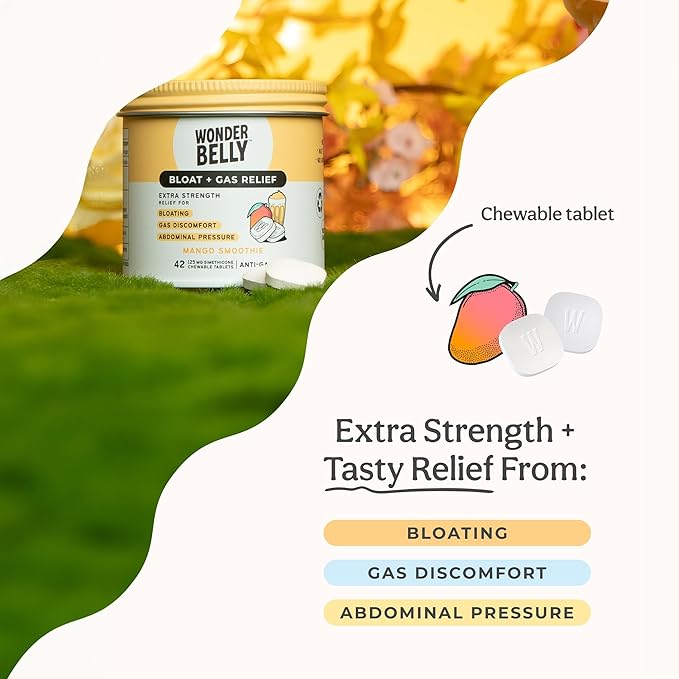 Wonderbelly Bloat + Gas Relief, Extra Strength Chewable Tablets, with 125 mg Simethicone, No Talc or Dye, Mango Smoothie, 42 Count