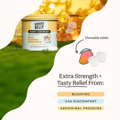 Wonderbelly Bloat + Gas Relief, Extra Strength Chewable Tablets, with 125 mg Simethicone, No Talc or Dye, Mango Smoothie, 42 Count