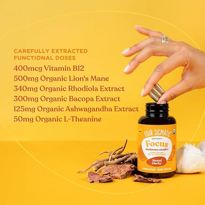 Four Sigmatic Focus Capsules | Lion's Mane Supplement Capsules | Brain Boosting Complex with Ashwagandha, Bacopa Monnieri & Rhodiola | Vegan Nootropic Adaptogen & Mushroom Supplement | 30 Servings