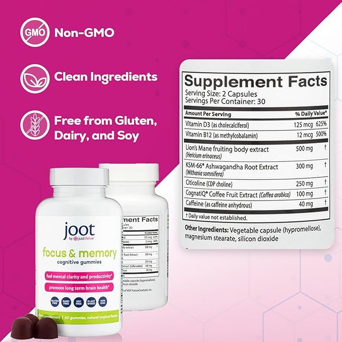 Just Thrive Focus & Memory Gummies – Nootropic Brain Supplement for Clarity, Concentration, Memory Support, & Energy – Citicoline, Lion’s Mane, Vitamin B12 & D3