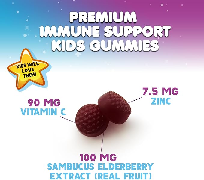 Children's Daily Immune Support Gummies with Real Elderberry + Vitamin C & Zinc to Support Kids Healthy Immune System, Natures Sambucus Elderberry Gummy, Chewable Supplement, Gluten-Free, 60 Gummies