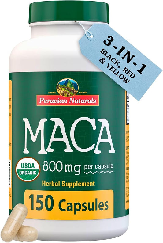 Organic Maca Root Capsules for Women & Men 2400mg per Serving - 150 Pills Black, Red, Yellow Maca Supplement - Gelatinized Macaroot, Non-GMO, Vegan by Peruvian Naturals