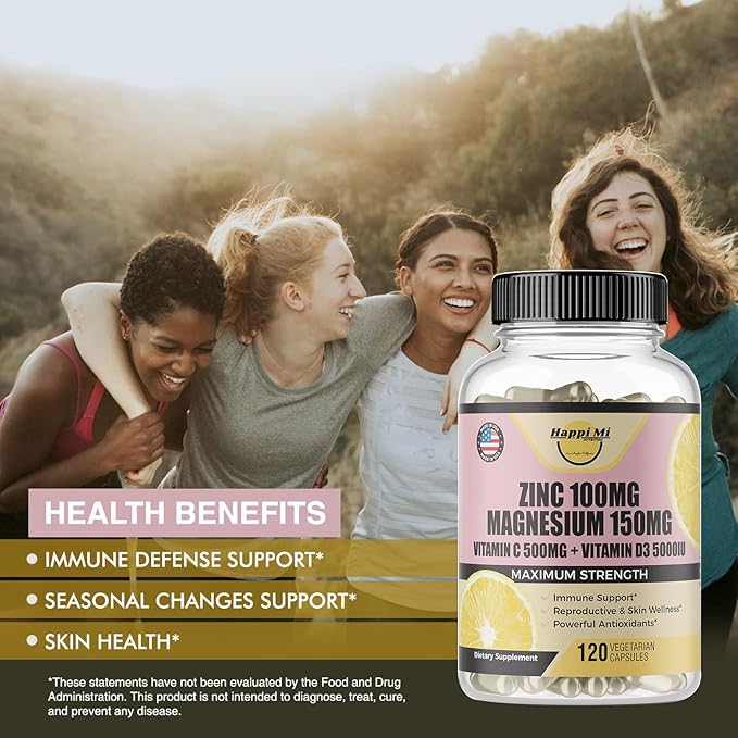 Zinc, Zinc 100mg, Magnesium Glycinate 150mg, Vitamin D3 5000 IU, Vitamin C 500mg Per Serving, Immune Support, Immune Booster, Zinc Magnesium, Elemental Zinc, Antioxidant Support