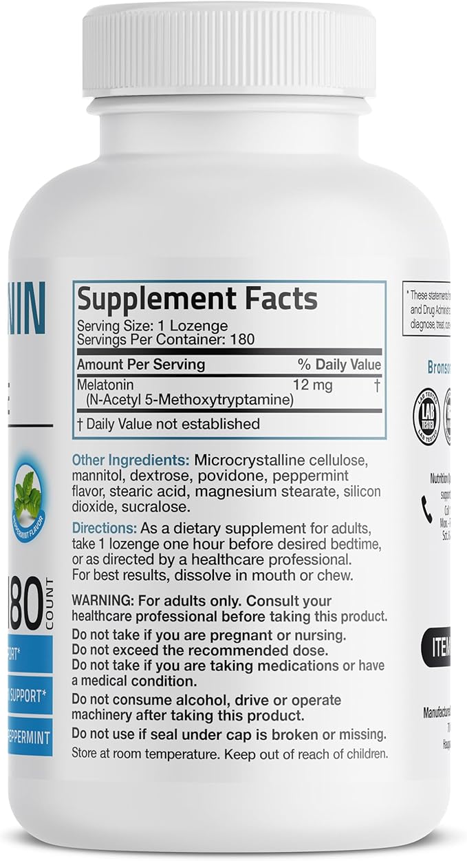 Bronson Melatonin 12mg Fast Dissolve Nighttime Sleep Aid Support & Relaxation Support, 180 Peppermint Vegetarian Lozenges