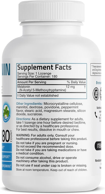 Bronson Melatonin 12mg Fast Dissolve Nighttime Sleep Aid Support & Relaxation Support, 180 Peppermint Vegetarian Lozenges