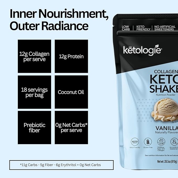 Keto Collagen Shake (Vanilla) - with Coconut Oil, Prebiotics, Grass Fed Hydrolyzed Collagen Peptides Type I & III, Low Carb, Gluten Free,1.78lbs.
