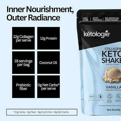Keto Collagen Shake (Vanilla) - with Coconut Oil, Prebiotics, Grass Fed Hydrolyzed Collagen Peptides Type I & III, Low Carb, Gluten Free,1.78lbs.