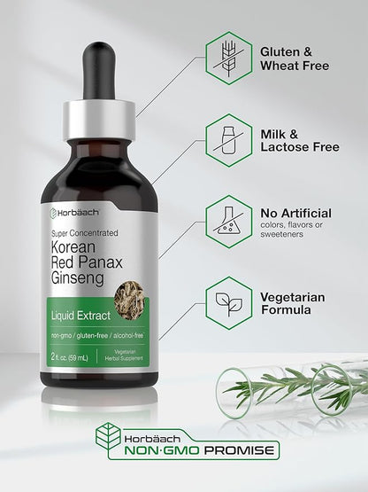 Horbäach Korean Red Panax Ginseng Liquid Extract | 2 Fl Oz | Vegetarian & Alcohol Free Supplement for Men and Women | Non-GMO, Gluten Free