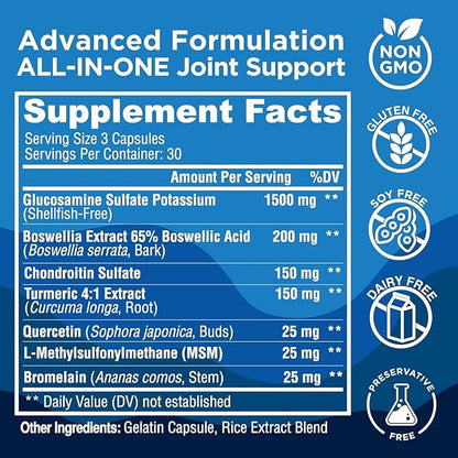 Joint Supplements for Women – Glucosamine Chondroitin MSM with Turmeric and Boswellia – Supports Bone & Joint Health, Flexibility, Mobility, Recovery & Boosts Collagen – 180 Capsules