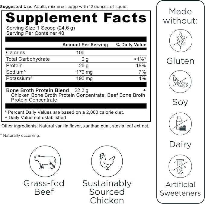 Ancient Nutrition Grass Fed, Cage Free, Bone Broth Protein Powder, 20g Protein, Hydrolyzed Collagen Peptides, Keto & Paleo Friendly, Supports Joint, Gut Health, Vanilla, 40 Servings