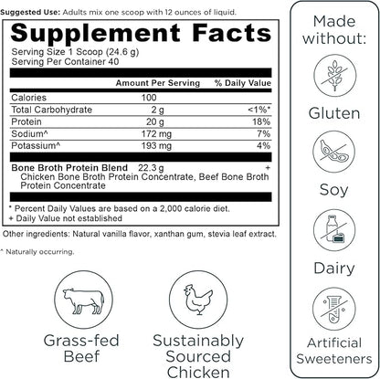 Ancient Nutrition Grass Fed, Cage Free, Bone Broth Protein Powder, 20g Protein, Hydrolyzed Collagen Peptides, Keto & Paleo Friendly, Supports Joint, Gut Health, Vanilla, 40 Servings