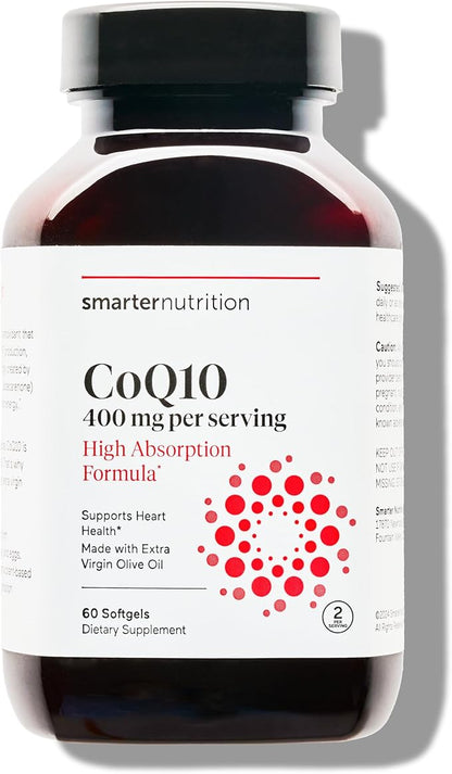 Smarter Nutrition CoQ10 400 mg High Absorption - Naturally Fermented Ubiquinone w/Organic Cold-Pressed Olive Oil - for Heart Health, Cellular Energy - Non-GMO, Gluten Free - 60 Count[30-Day Supply]