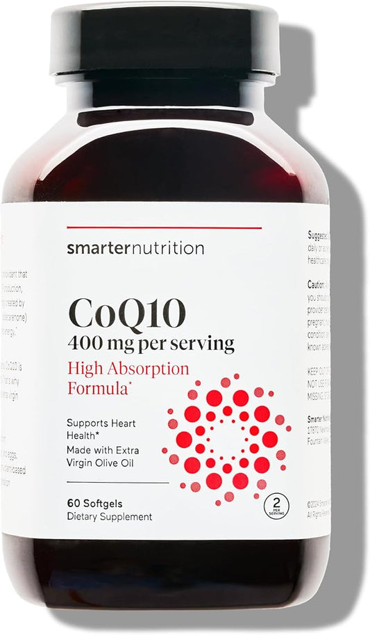 Smarter Nutrition CoQ10 400 mg High Absorption - Naturally Fermented Ubiquinone w/Organic Cold-Pressed Olive Oil - for Heart Health, Cellular Energy - Non-GMO, Gluten Free - 60 Count[30-Day Supply]