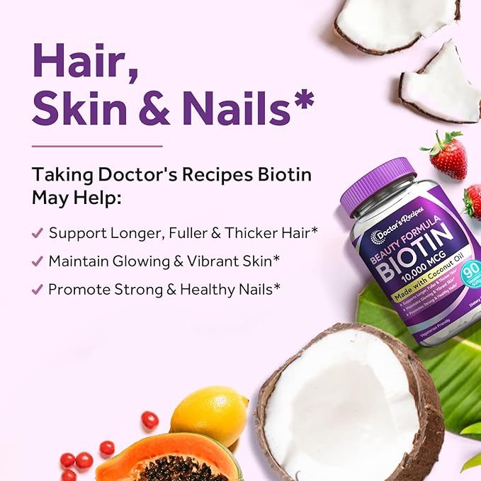 Doctor's Recipes Biotin 10,000 mcg, Hair Growth, Healthy Skin & Nails, Energy Metabolism, Vegetarian-Friendly Biotin, with Coconut Oil, Non-GMO, 3 Month Supply, 90 Vegetarian Softgels