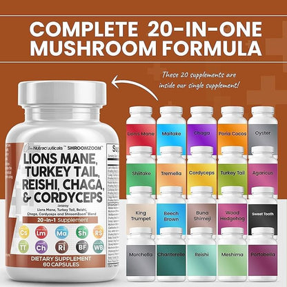 Clean Nutraceuticals Lions Mane 20in1 Mushroom Supplement with Turkey Tail Reishi Cordyceps Chaga Maitake Meshima Poria Cocos Shiitake Oyster Porcini Enoki - 2Pack