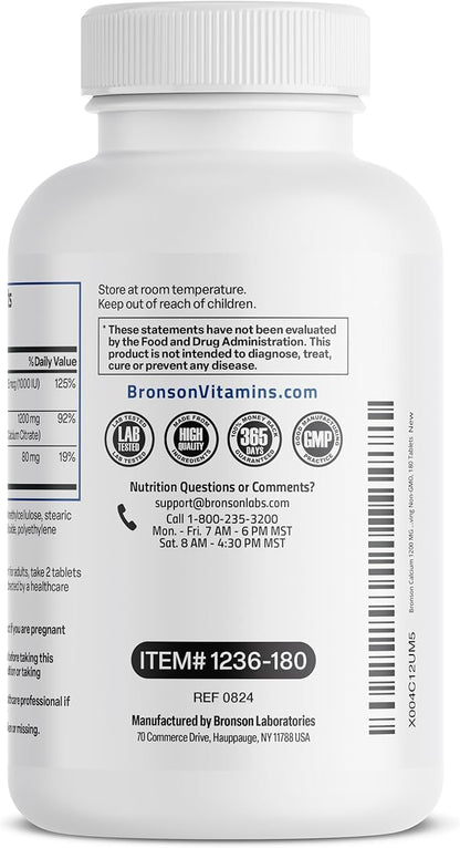 Bronson Calcium 1200 MG Per Serving Sustained Release with Vitamin D3 1000 IU Vitamin D3 Per Serving Non-GMO, 180 Tablets