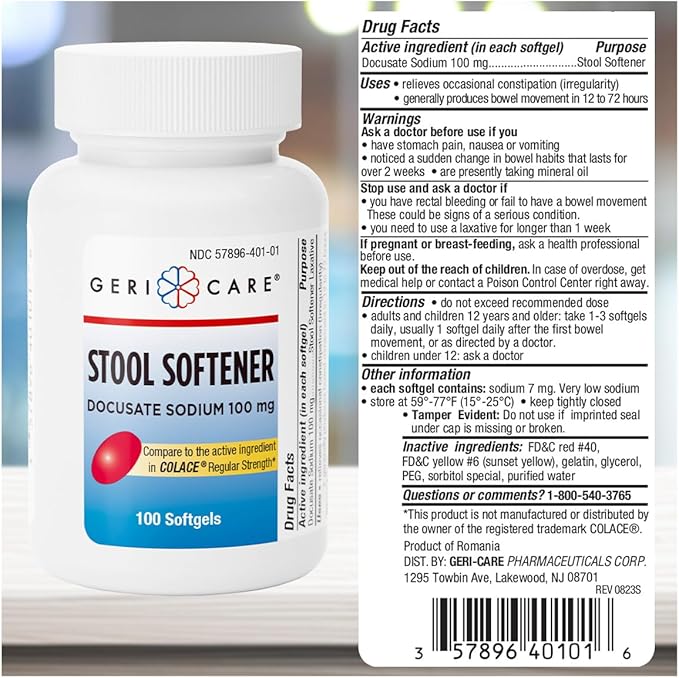 Docusate Sodium Stool Softener - 100mg Gentle Stimulant Laxative Softgels for Men & Women- Constipation Relief - Adults Daily Bowel Movement Laxative