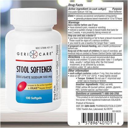Docusate Sodium Stool Softener - 100mg Gentle Stimulant Laxative Softgels for Men & Women- Constipation Relief - Adults Daily Bowel Movement Laxative