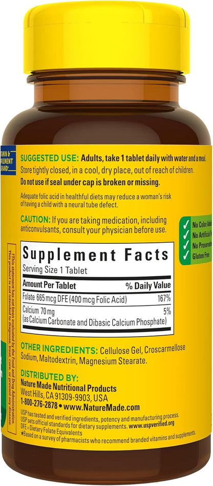 Nature Made Folic Acid 400 mcg (665 mcg DFE), Dietary Supplement for Nervous System Function, 250 Tablets, 250 Day Supply