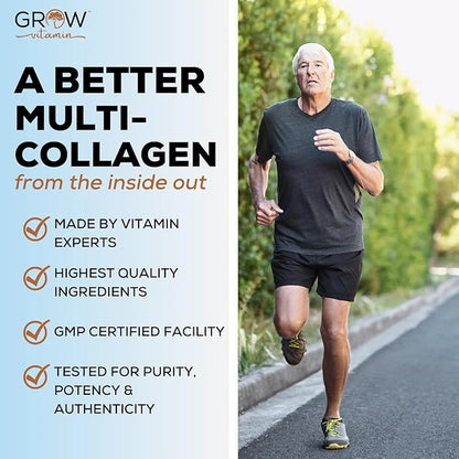 grow vitamin Multi Collagen Capsules, 1800MG (Types I, II, III, V & X) - Non-GMO, Grass Fed Collagen - Anti Aging Support for Hair, Skin, Nails - Protein Pills for Joint Support - 90 Capsules