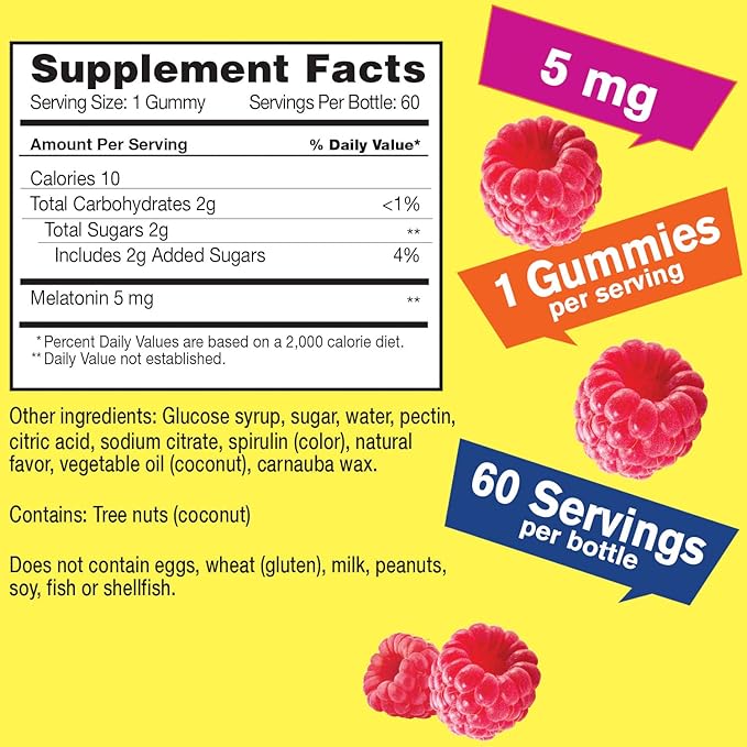 Melatonin Gummies 5 mg - Natural Sourced Flavors - Drug-Free Gummy Supplement - Gluten Free and Gelatin Free, Vegetarian - 60 Gummies